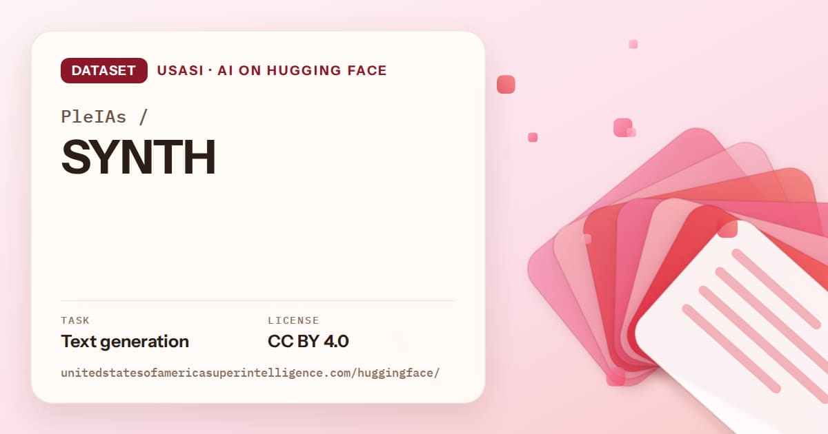 Generated coral layered-card artwork for the dataset PleIAs/SYNTH, labeled USASI · AI on Hugging Face, with Task: Text generation · License: CC BY 4.0.
