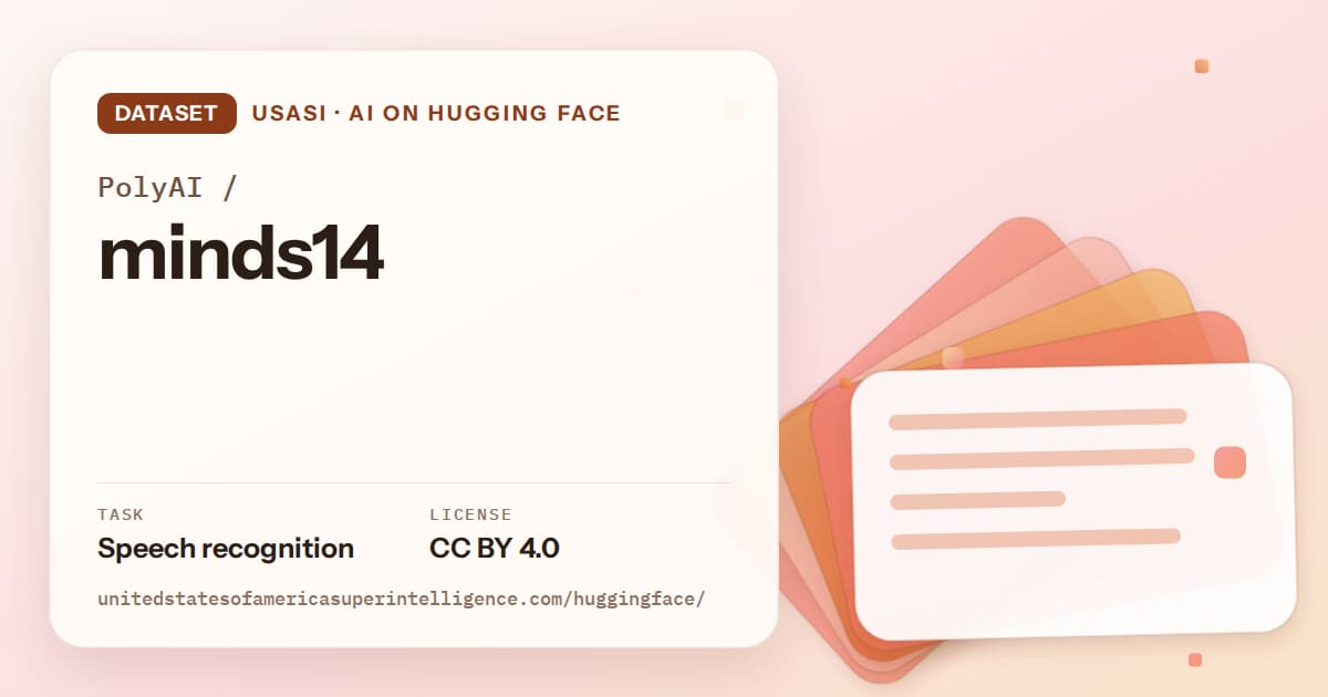 Generated tangerine layered-card artwork for the dataset PolyAI/minds14, labeled USASI · AI on Hugging Face, with Task: Speech recognition · License: CC BY 4.0.