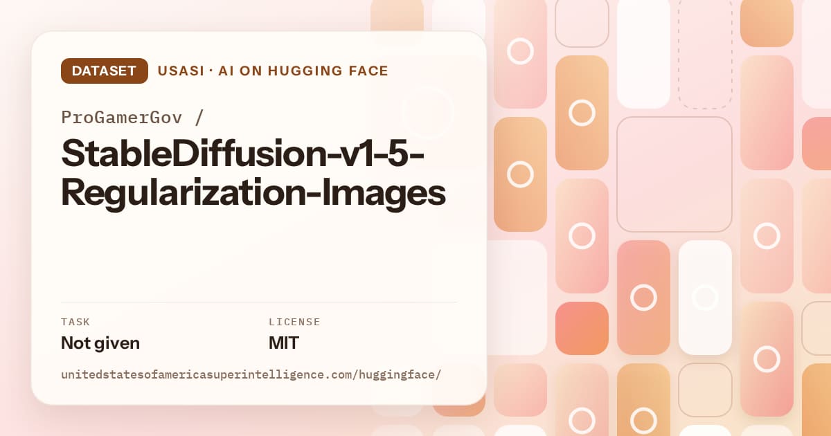 Generated orange tile-mosaic artwork for the dataset ProGamerGov/StableDiffusion-v1-5-Regularization-Images, labeled USASI · AI on Hugging Face, with Task: Not given · License: MIT.
