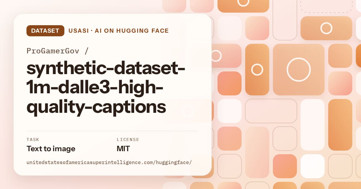 Generated orange tile-mosaic artwork for the dataset ProGamerGov/synthetic-dataset-1m-dalle3-high-quality-captions, labeled USASI · AI on Hugging Face, with Task: Text to image · License: MIT.