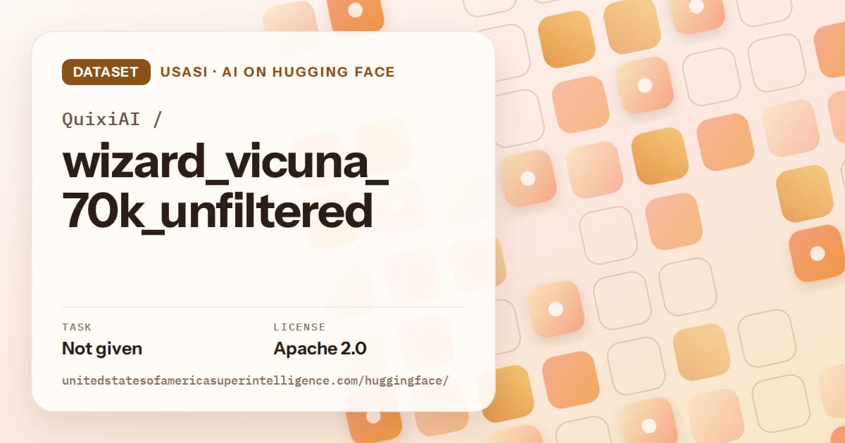 Generated orange rounded-tile grid artwork for the dataset QuixiAI/wizard_vicuna_70k_unfiltered, labeled USASI · AI on Hugging Face, with Task: Not given · License: Apache 2.0.