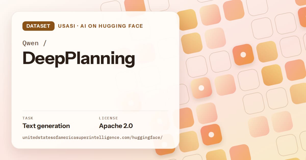 Generated orange rounded-tile grid artwork for the dataset Qwen/DeepPlanning, labeled USASI · AI on Hugging Face, with Task: Text generation · License: Apache 2.0.