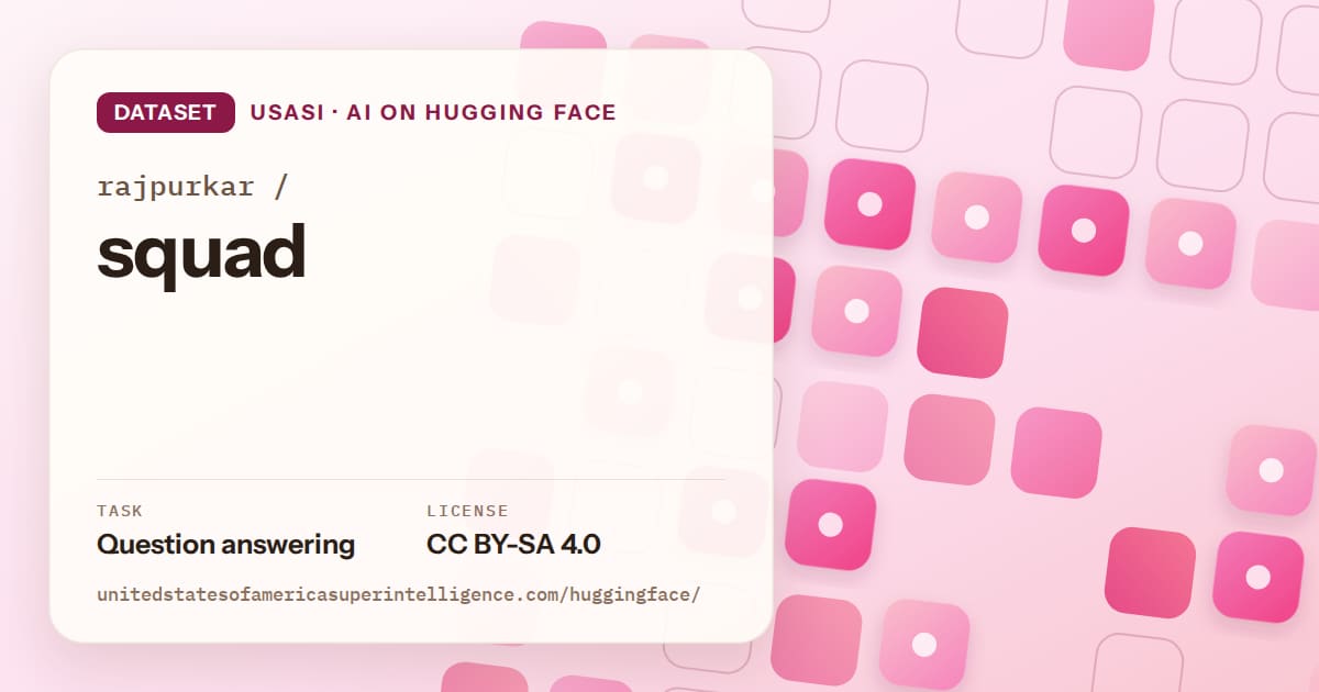 Generated rose rounded-tile grid artwork for the dataset rajpurkar/squad, labeled USASI · AI on Hugging Face, with Task: Question answering · License: CC BY-SA 4.0.