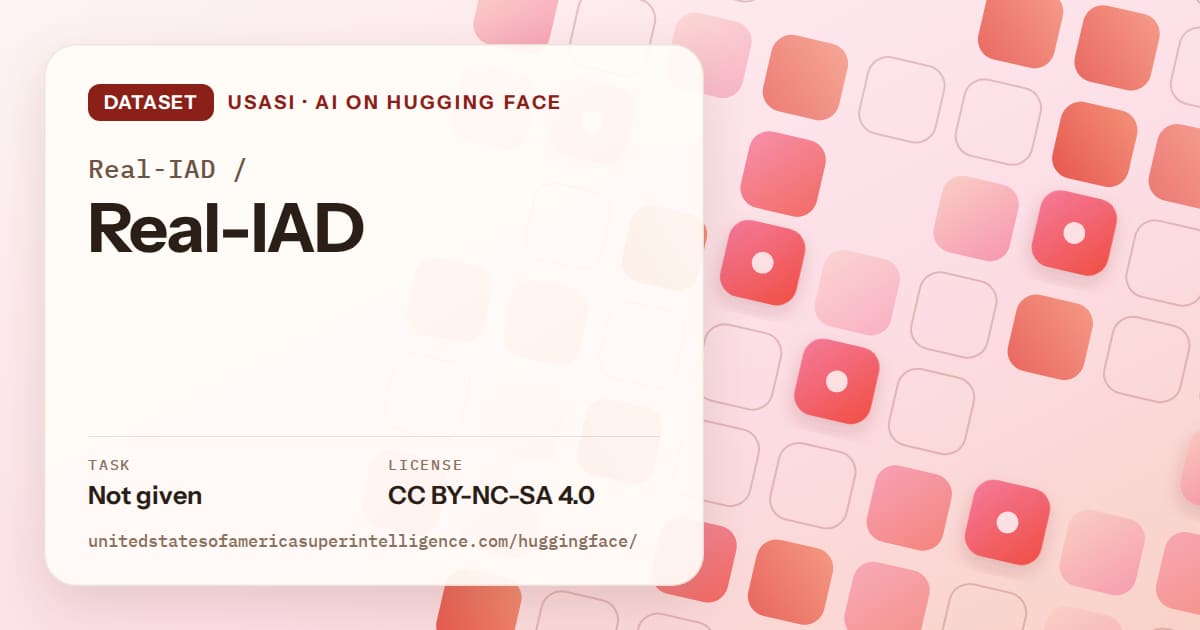 Generated coral rounded-tile grid artwork for the dataset Real-IAD/Real-IAD, labeled USASI · AI on Hugging Face, with Task: Not given · License: CC BY-NC-SA 4.0.