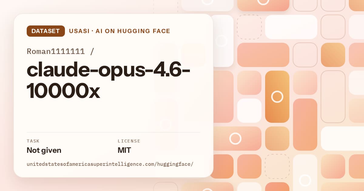Generated orange tile-mosaic artwork for the dataset Roman1111111/claude-opus-4.6-10000x, labeled USASI · AI on Hugging Face, with Task: Not given · License: MIT.