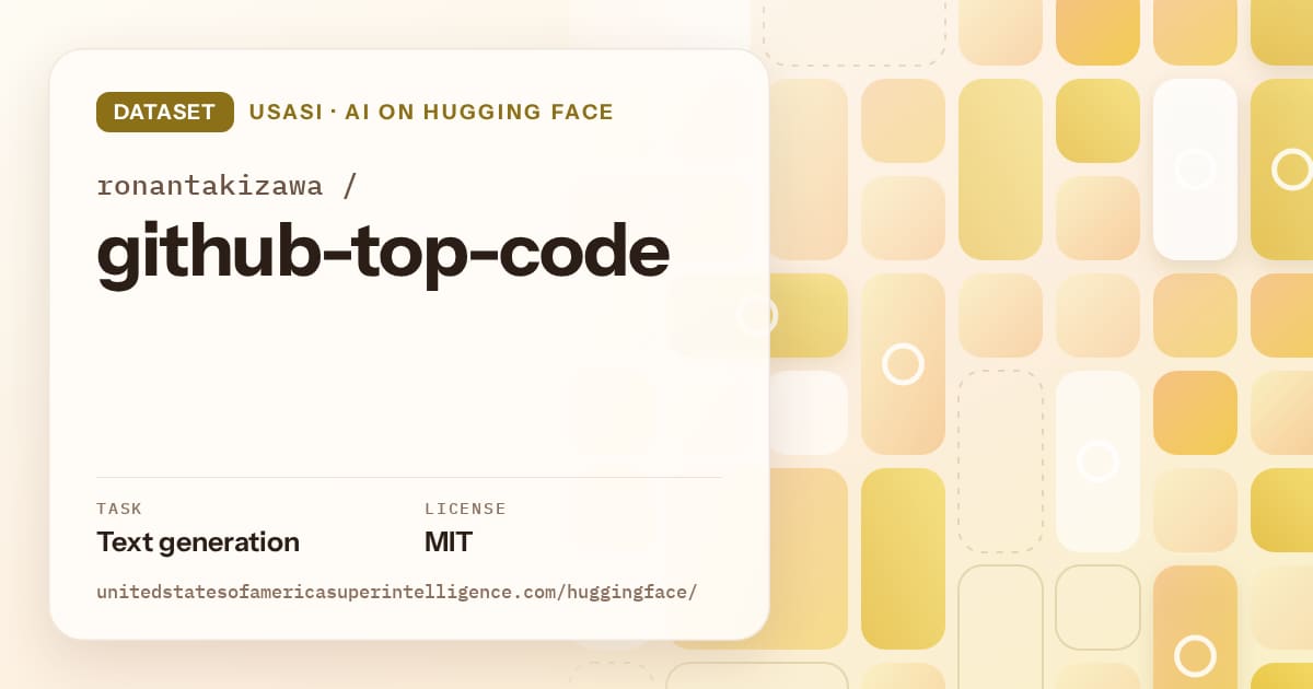 Generated gold tile-mosaic artwork for the dataset ronantakizawa/github-top-code, labeled USASI · AI on Hugging Face, with Task: Text generation · License: MIT.