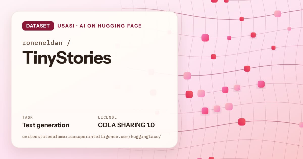 Generated rose wave-lattice artwork for the dataset roneneldan/TinyStories, labeled USASI · AI on Hugging Face, with Task: Text generation · License: CDLA SHARING 1.0.