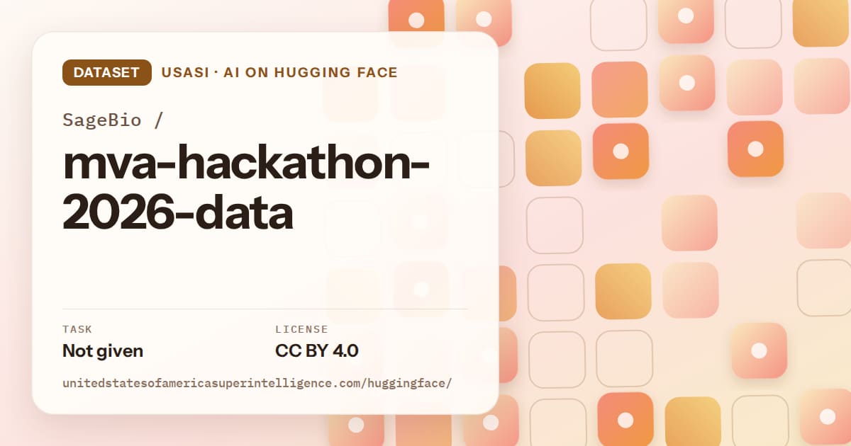 Generated orange rounded-tile grid artwork for the dataset SageBio/mva-hackathon-2026-data, labeled USASI · AI on Hugging Face, with Task: Not given · License: CC BY 4.0.