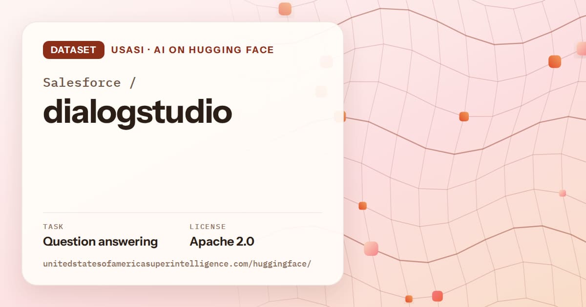Generated tangerine wave-lattice artwork for the dataset Salesforce/dialogstudio, labeled USASI · AI on Hugging Face, with Task: Question answering · License: Apache 2.0.