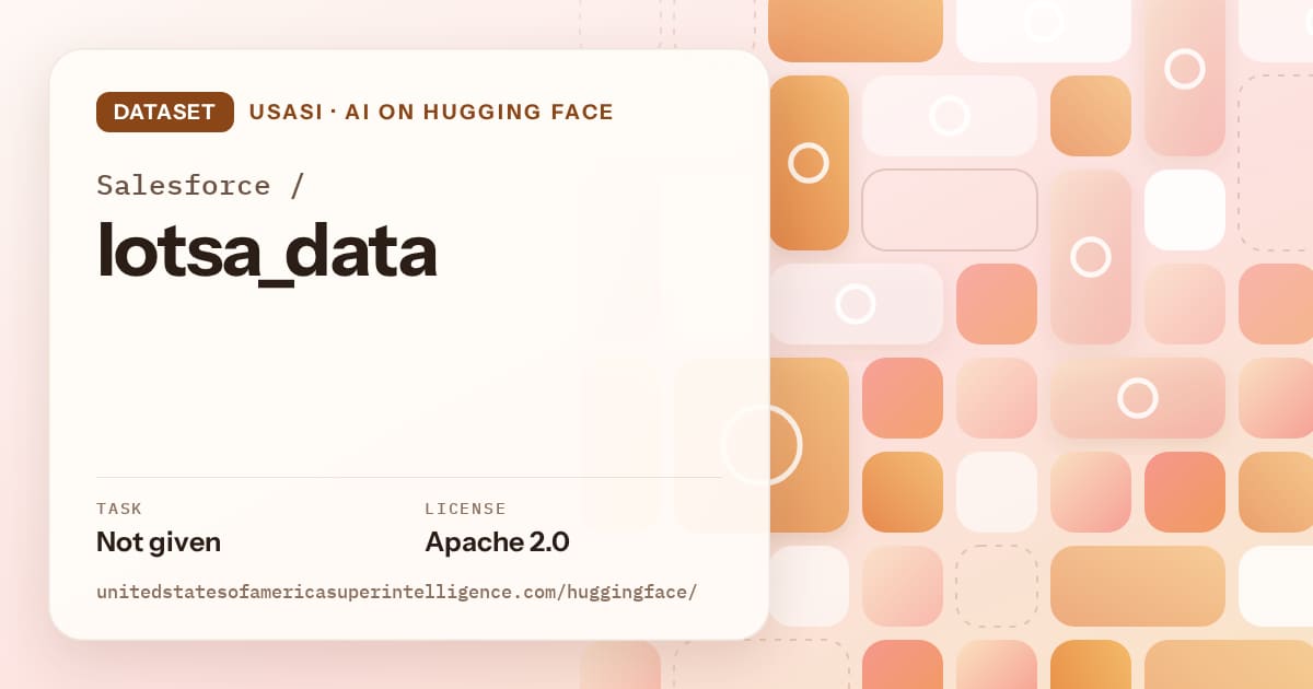 Generated orange tile-mosaic artwork for the dataset Salesforce/lotsa_data, labeled USASI · AI on Hugging Face, with Task: Not given · License: Apache 2.0.