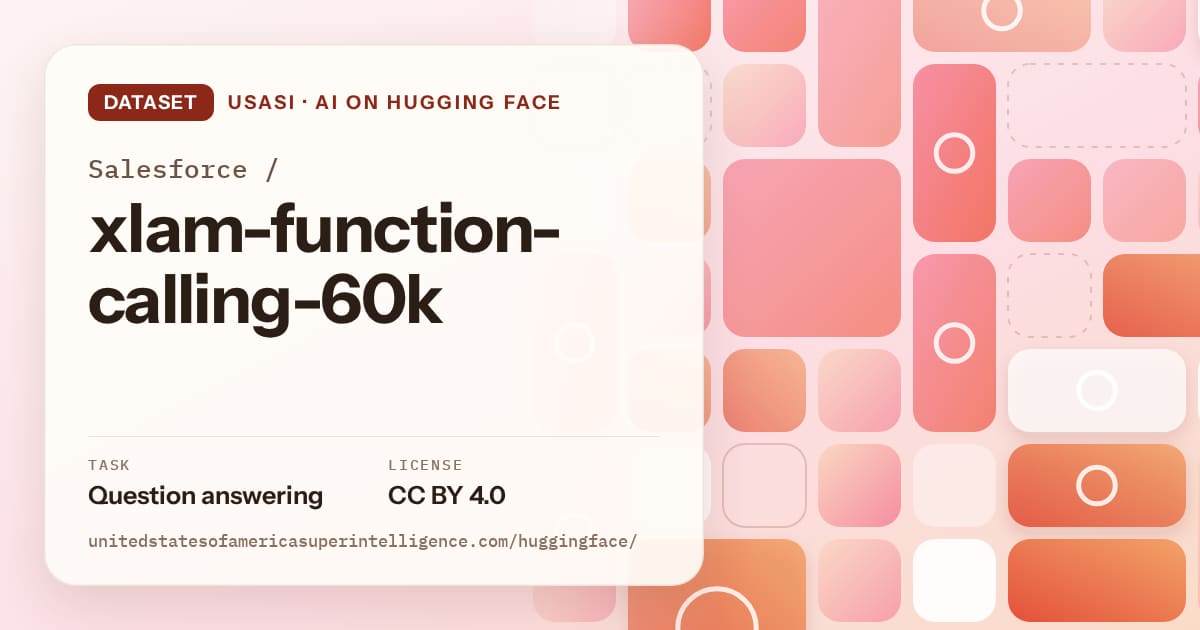 Generated coral tile-mosaic artwork for the dataset Salesforce/xlam-function-calling-60k, labeled USASI · AI on Hugging Face, with Task: Question answering · License: CC BY 4.0.