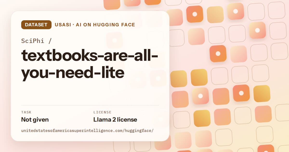 Generated orange rounded-tile grid artwork for the dataset SciPhi/textbooks-are-all-you-need-lite, labeled USASI · AI on Hugging Face, with Task: Not given · License: Llama 2 license.