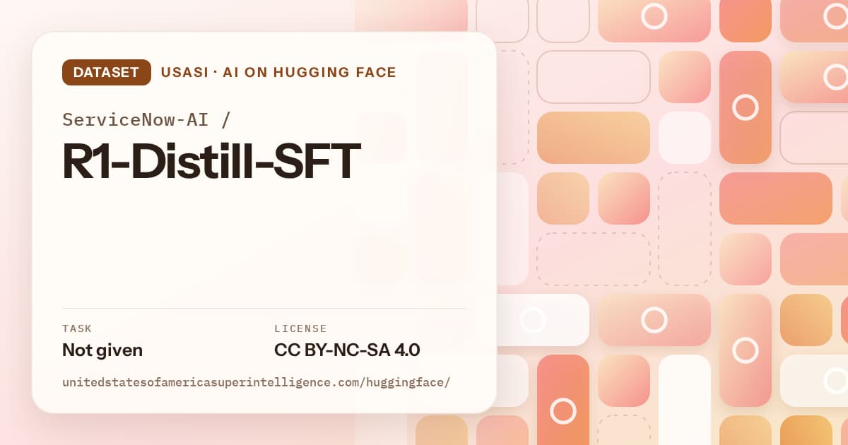 Generated orange tile-mosaic artwork for the dataset ServiceNow-AI/R1-Distill-SFT, labeled USASI ยท AI on Hugging Face, with Task: Not given ยท License: CC BY-NC-SA 4.0.