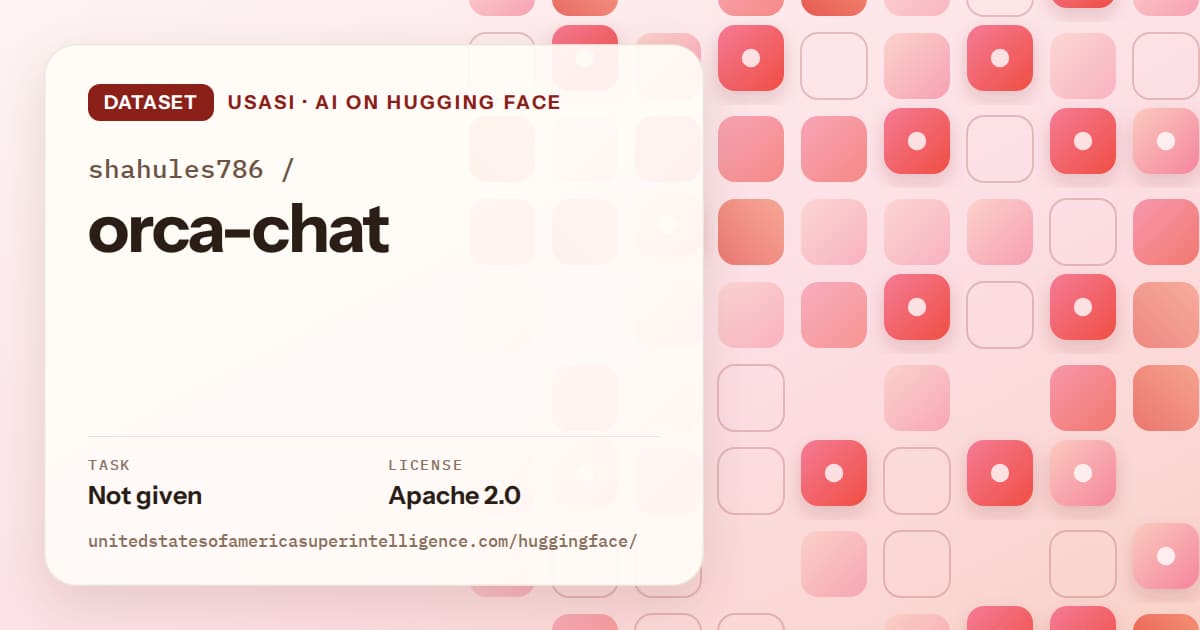 Generated coral rounded-tile grid artwork for the dataset shahules786/orca-chat, labeled USASI · AI on Hugging Face, with Task: Not given · License: Apache 2.0.