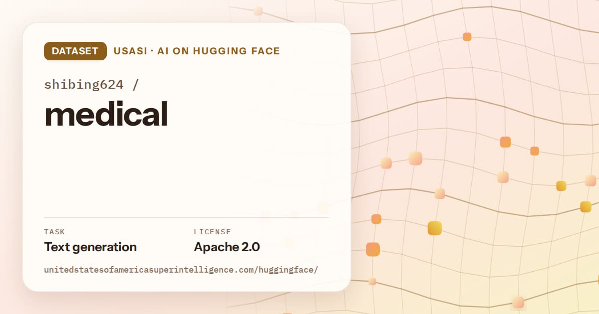 Generated amber wave-lattice artwork for the dataset shibing624/medical, labeled USASI · AI on Hugging Face, with Task: Text generation · License: Apache 2.0.