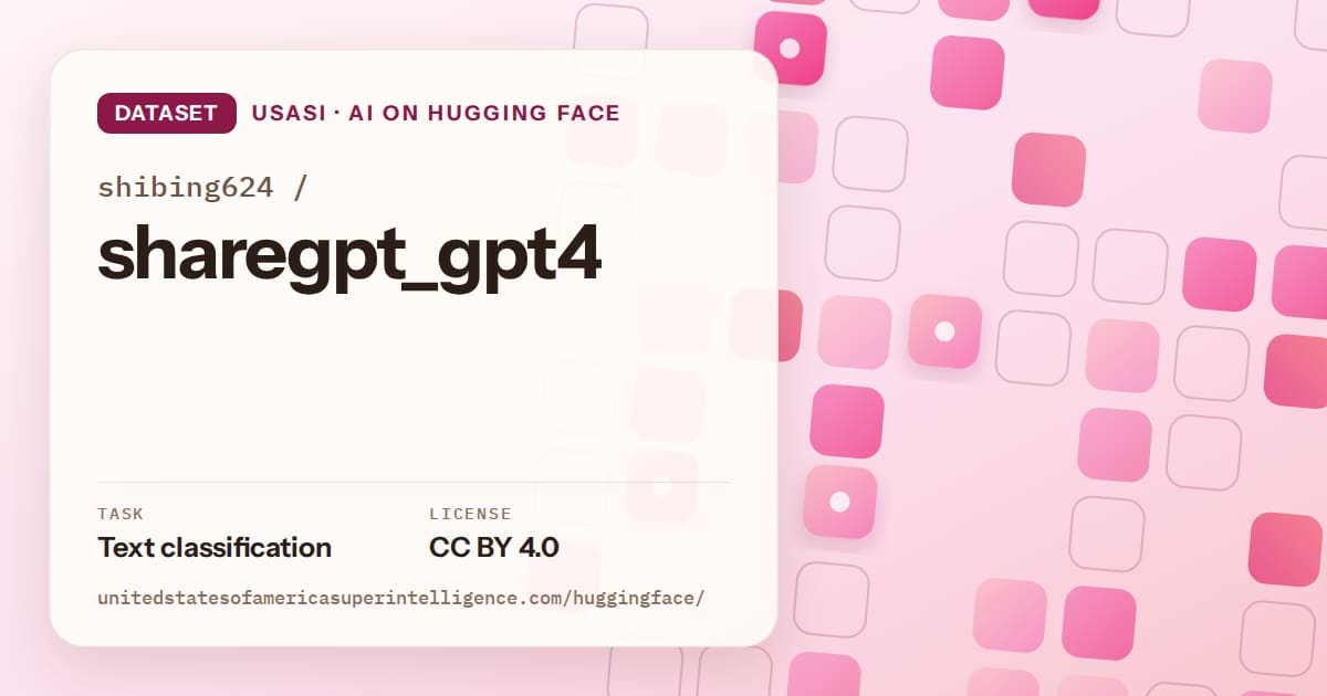 Generated rose rounded-tile grid artwork for the dataset shibing624/sharegpt_gpt4, labeled USASI · AI on Hugging Face, with Task: Text classification · License: CC BY 4.0.