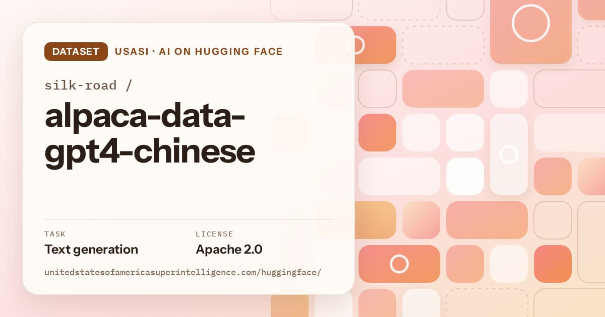 Generated orange tile-mosaic artwork for the dataset silk-road/alpaca-data-gpt4-chinese, labeled USASI · AI on Hugging Face, with Task: Text generation · License: Apache 2.0.