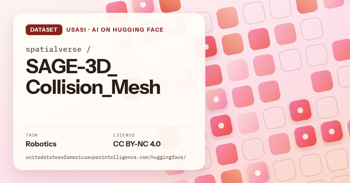 Generated coral rounded-tile grid artwork for the dataset spatialverse/SAGE-3D_Collision_Mesh, labeled USASI · AI on Hugging Face, with Task: Robotics · License: CC BY-NC 4.0.