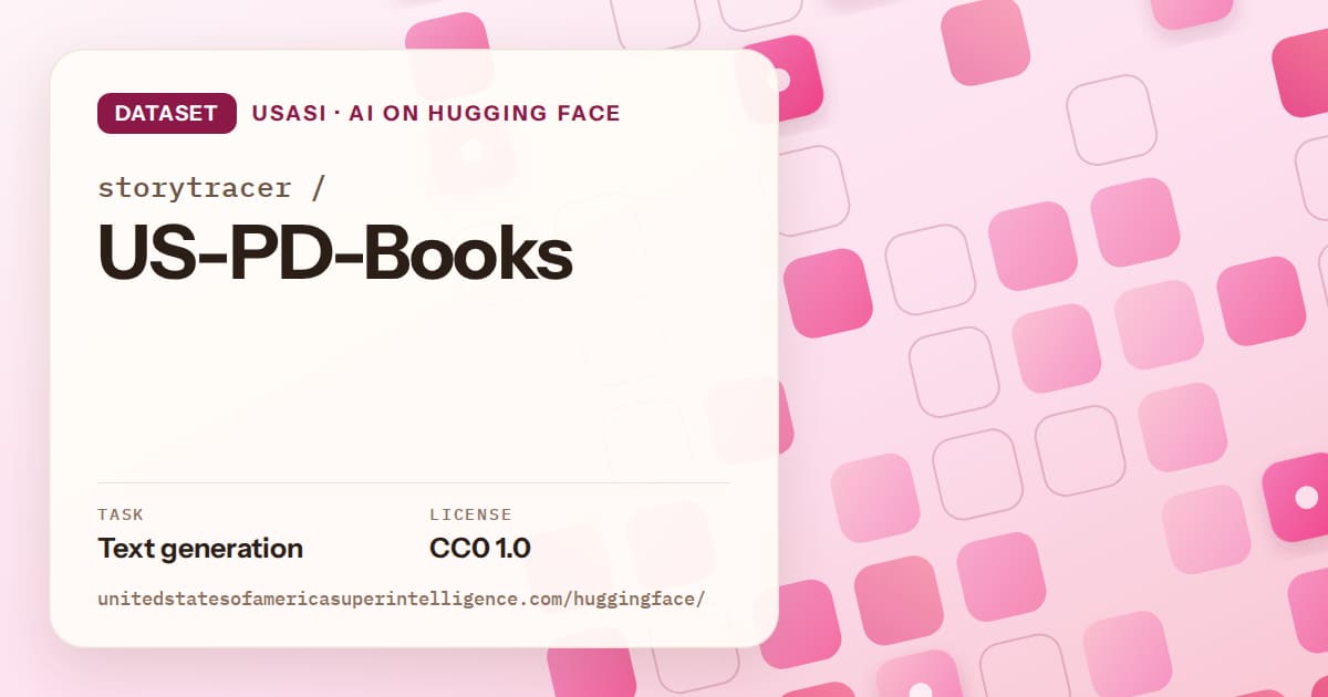 Generated rose rounded-tile grid artwork for the dataset storytracer/US-PD-Books, labeled USASI · AI on Hugging Face, with Task: Text generation · License: CC0 1.0.
