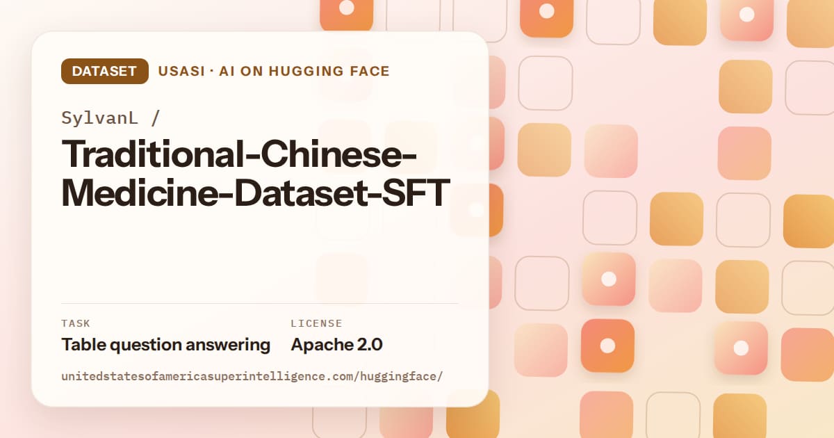 Generated orange rounded-tile grid artwork for the dataset SylvanL/Traditional-Chinese-Medicine-Dataset-SFT, labeled USASI · AI on Hugging Face, with Task: Table question answering · License: Apache 2.0.