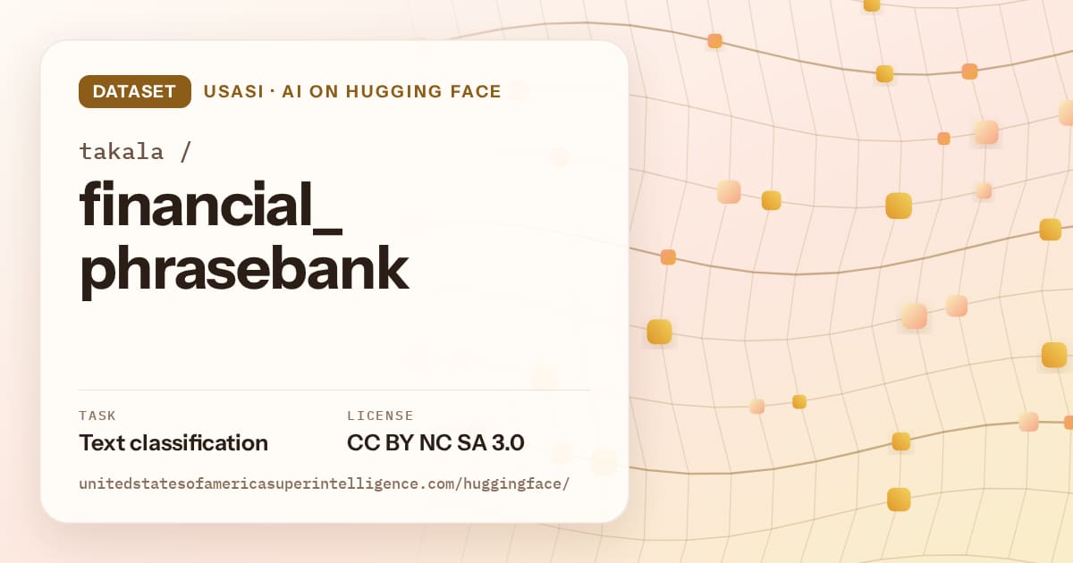 Generated amber wave-lattice artwork for the dataset takala/financial_phrasebank, labeled USASI · AI on Hugging Face, with Task: Text classification · License: CC BY NC SA 3.0.