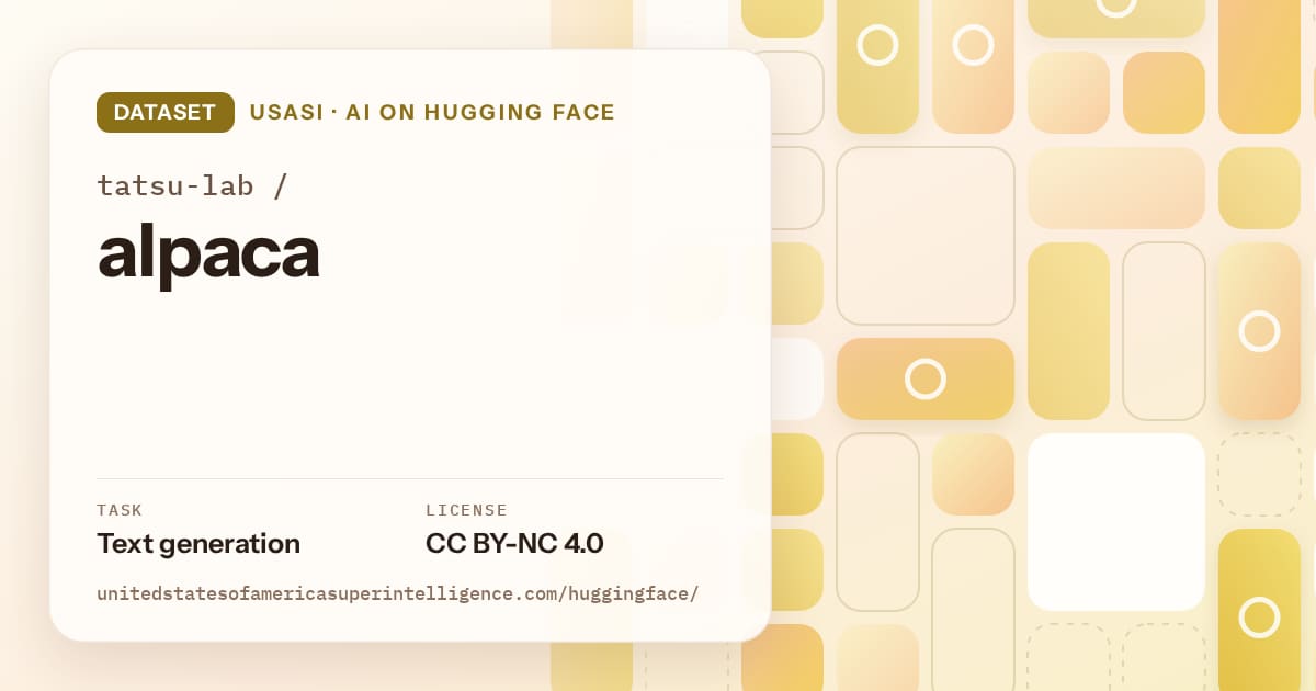 Generated gold tile-mosaic artwork for the dataset tatsu-lab/alpaca, labeled USASI · AI on Hugging Face, with Task: Text generation · License: CC BY-NC 4.0.