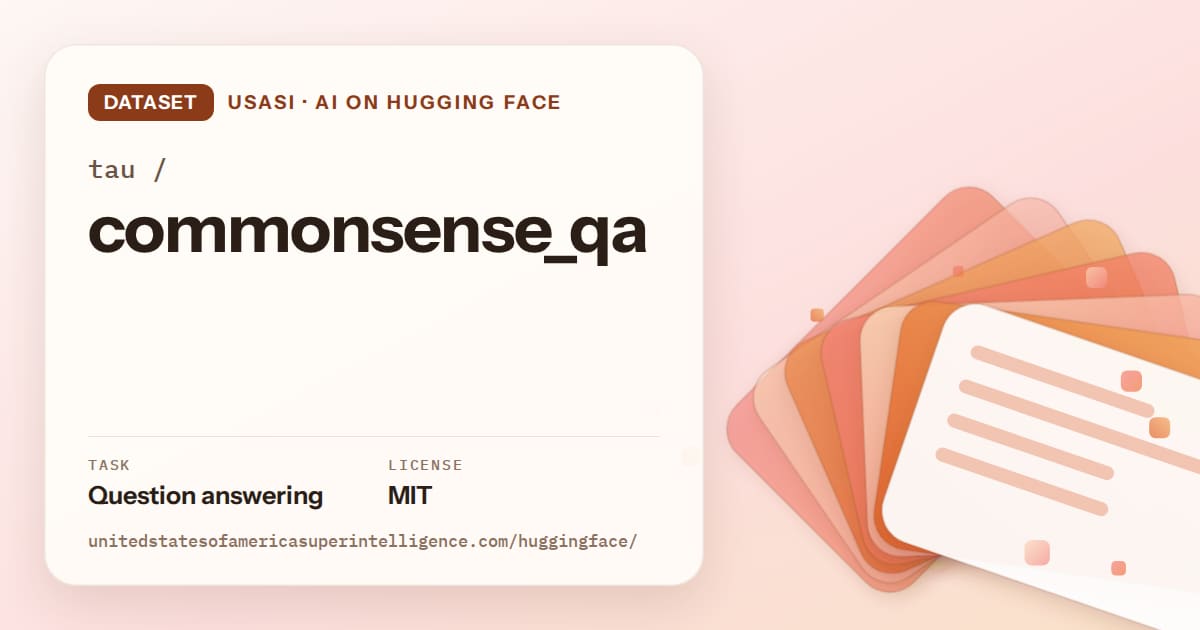 Generated tangerine layered-card artwork for the dataset tau/commonsense_qa, labeled USASI · AI on Hugging Face, with Task: Question answering · License: MIT.