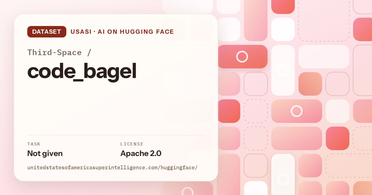 Generated coral tile-mosaic artwork for the dataset Third-Space/code_bagel, labeled USASI · AI on Hugging Face, with Task: Not given · License: Apache 2.0.
