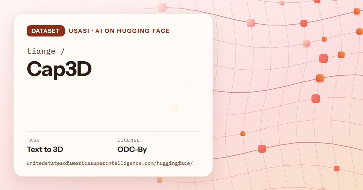 Generated tangerine wave-lattice artwork for the dataset tiange/Cap3D, labeled USASI · AI on Hugging Face, with Task: Text to 3D · License: ODC-By.