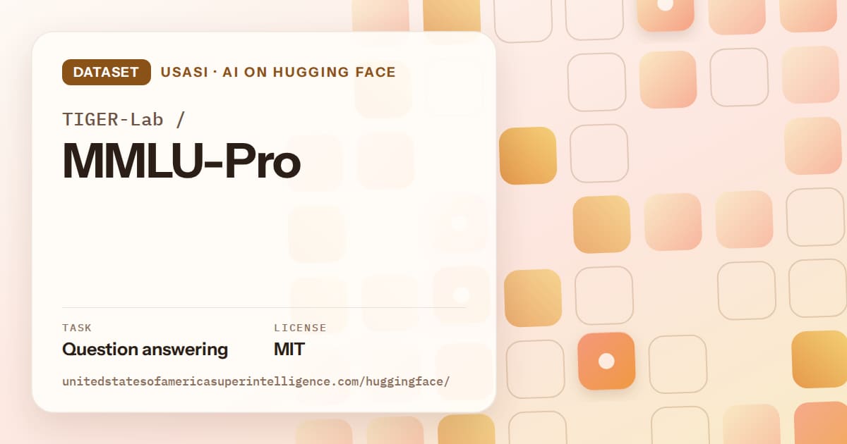Generated orange rounded-tile grid artwork for the dataset TIGER-Lab/MMLU-Pro, labeled USASI · AI on Hugging Face, with Task: Question answering · License: MIT.