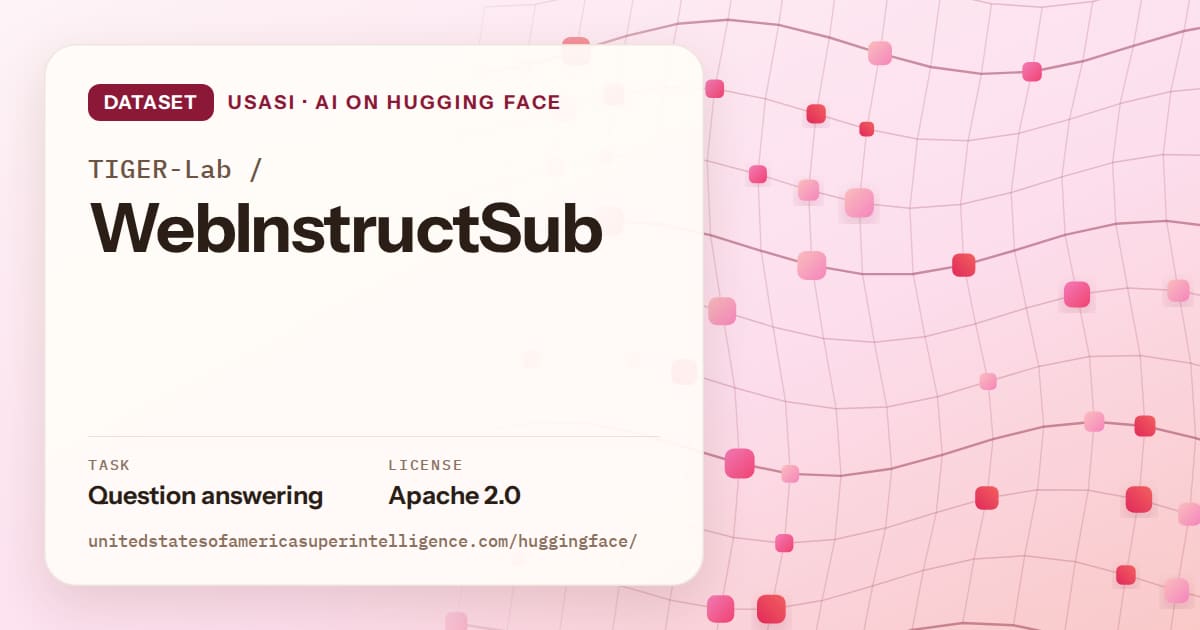 Generated rose wave-lattice artwork for the dataset TIGER-Lab/WebInstructSub, labeled USASI · AI on Hugging Face, with Task: Question answering · License: Apache 2.0.