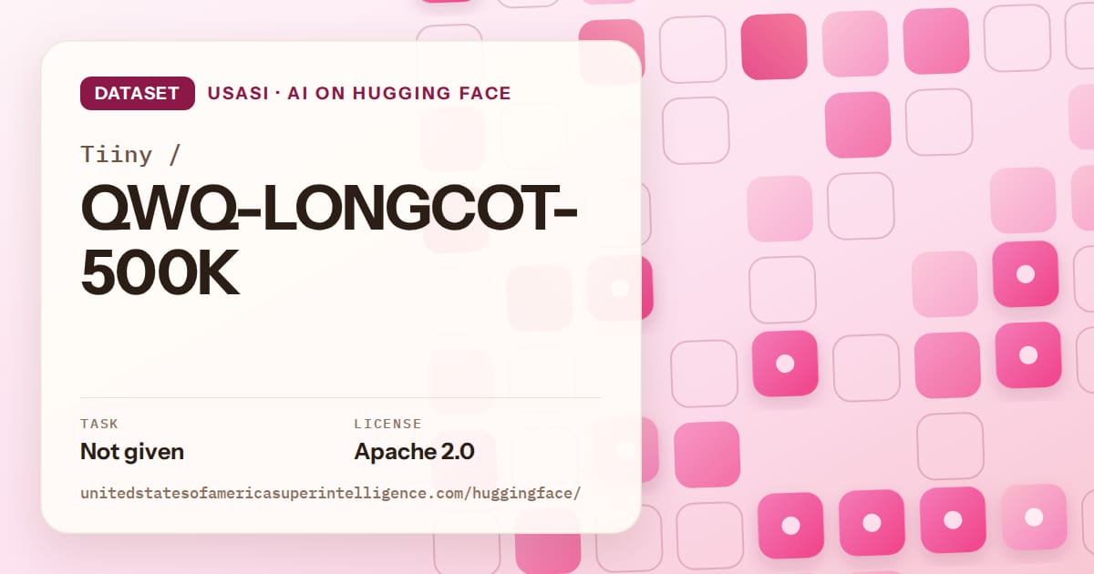 Generated rose rounded-tile grid artwork for the dataset Tiiny/QWQ-LONGCOT-500K, labeled USASI · AI on Hugging Face, with Task: Not given · License: Apache 2.0.