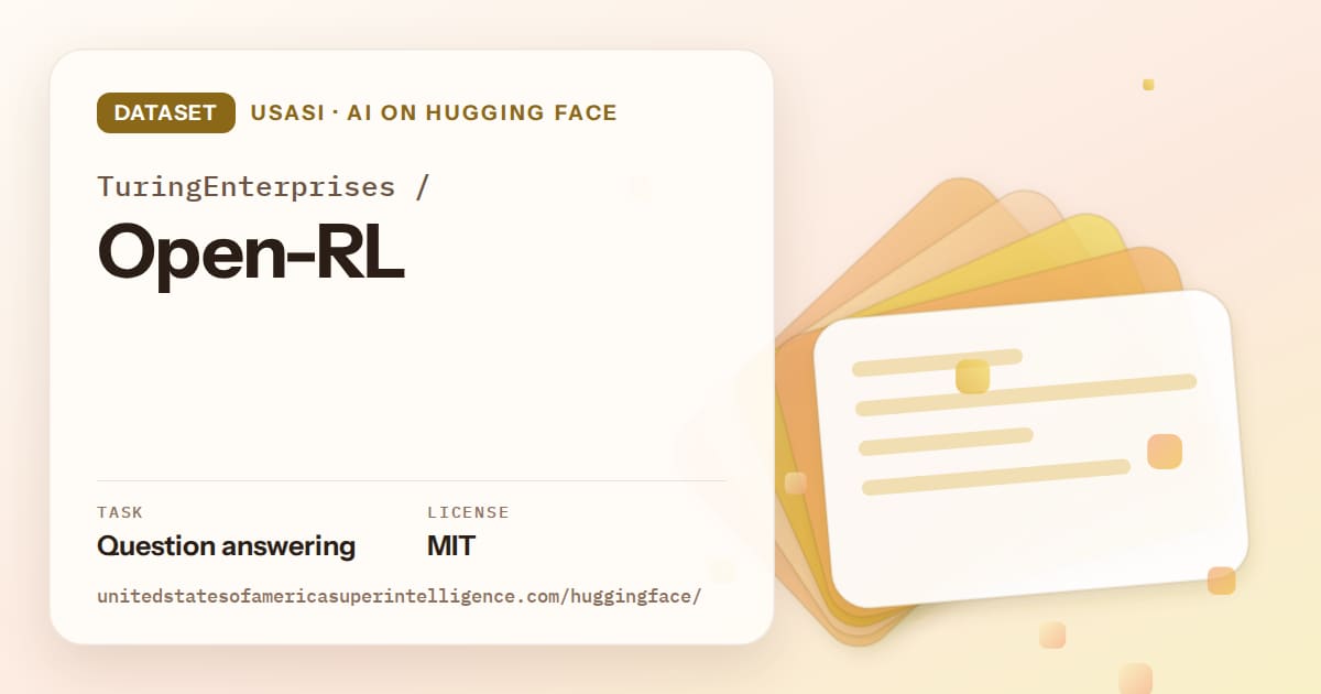 Generated amber layered-card artwork for the dataset TuringEnterprises/Open-RL, labeled USASI · AI on Hugging Face, with Task: Question answering · License: MIT.