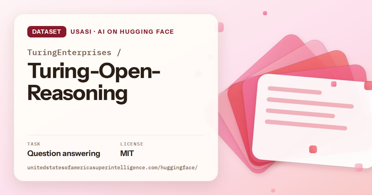 Generated coral layered-card artwork for the dataset TuringEnterprises/Turing-Open-Reasoning, labeled USASI · AI on Hugging Face, with Task: Question answering · License: MIT.