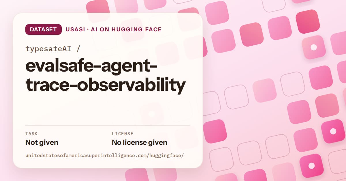 Generated rose rounded-tile grid artwork for the dataset typesafeAI/evalsafe-agent-trace-observability, labeled USASI · AI on Hugging Face, with Task: Not given · License: No license given.