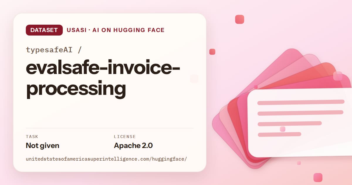 Generated coral layered-card artwork for the dataset typesafeAI/evalsafe-invoice-processing, labeled USASI · AI on Hugging Face, with Task: Not given · License: Apache 2.0.