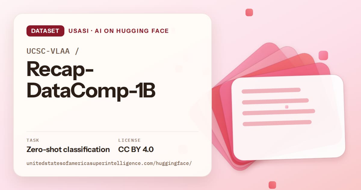 Generated coral layered-card artwork for the dataset UCSC-VLAA/Recap-DataComp-1B, labeled USASI · AI on Hugging Face, with Task: Zero-shot classification · License: CC BY 4.0.