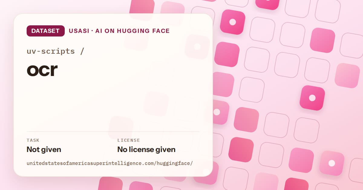 Generated rose rounded-tile grid artwork for the dataset uv-scripts/ocr, labeled USASI · AI on Hugging Face, with Task: Not given · License: No license given.