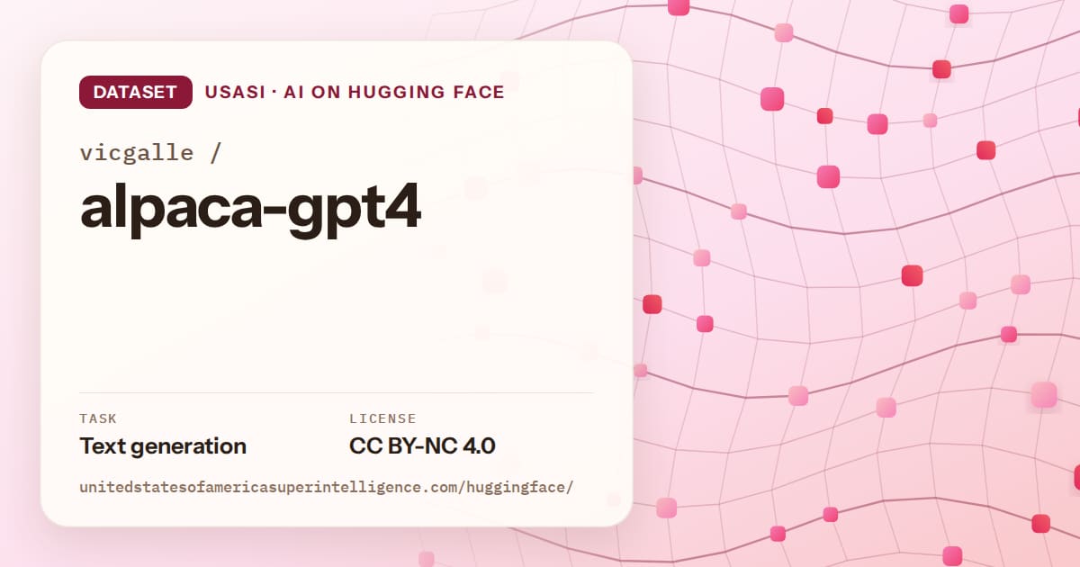 Generated rose wave-lattice artwork for the dataset vicgalle/alpaca-gpt4, labeled USASI · AI on Hugging Face, with Task: Text generation · License: CC BY-NC 4.0.