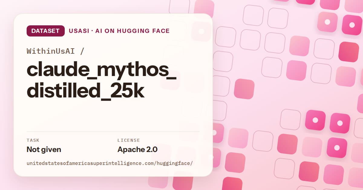 Generated rose rounded-tile grid artwork for the dataset WithinUsAI/claude_mythos_distilled_25k, labeled USASI · AI on Hugging Face, with Task: Not given · License: Apache 2.0.