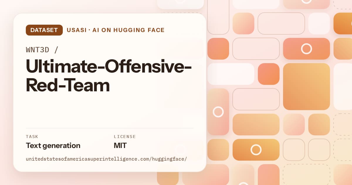 Generated orange tile-mosaic artwork for the dataset WNT3D/Ultimate-Offensive-Red-Team, labeled USASI · AI on Hugging Face, with Task: Text generation · License: MIT.