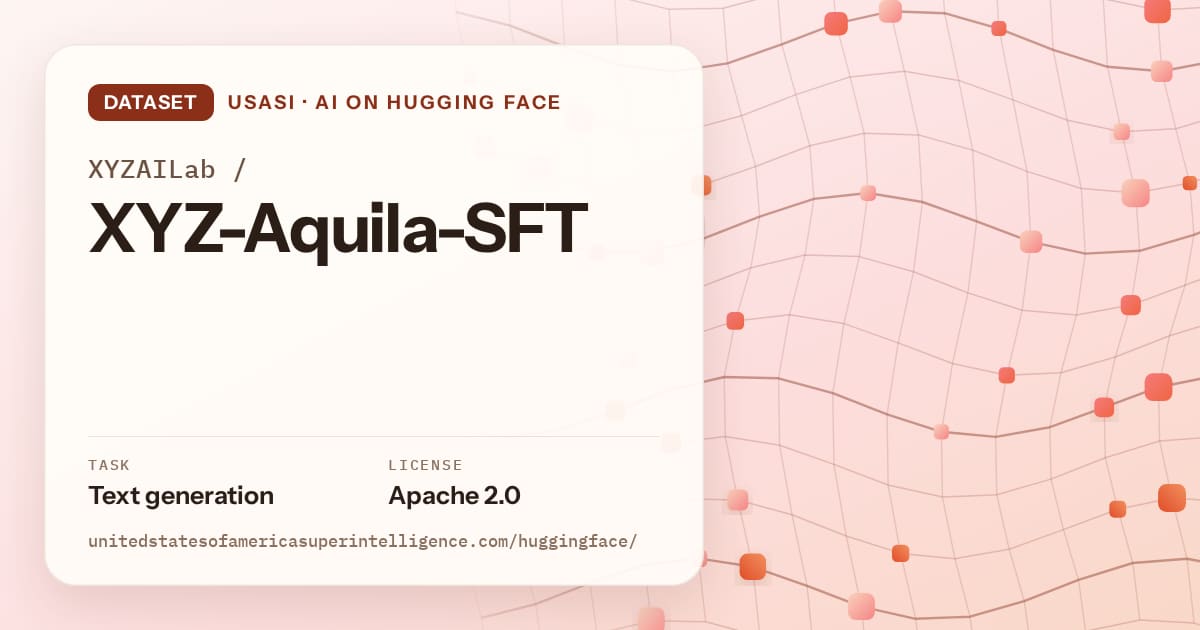 Generated tangerine wave-lattice artwork for the dataset XYZAILab/XYZ-Aquila-SFT, labeled USASI · AI on Hugging Face, with Task: Text generation · License: Apache 2.0.