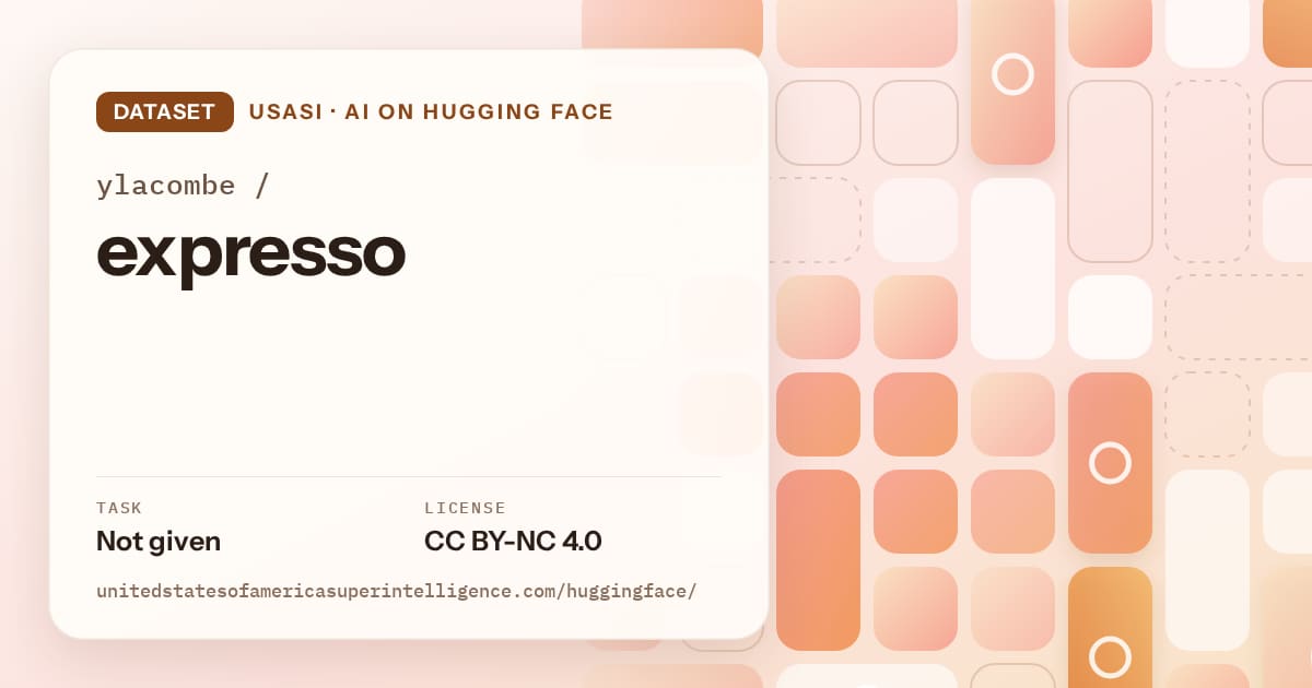 Generated orange tile-mosaic artwork for the dataset ylacombe/expresso, labeled USASI · AI on Hugging Face, with Task: Not given · License: CC BY-NC 4.0.