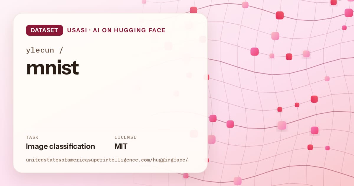 Generated rose wave-lattice artwork for the dataset ylecun/mnist, labeled USASI · AI on Hugging Face, with Task: Image classification · License: MIT.