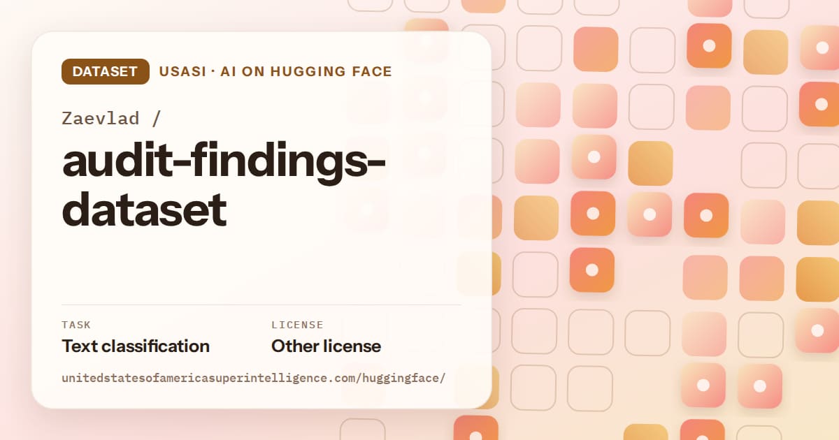 Generated orange rounded-tile grid artwork for the dataset Zaevlad/audit-findings-dataset, labeled USASI · AI on Hugging Face, with Task: Text classification · License: Other license.