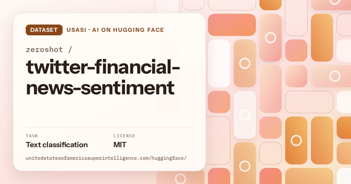 Generated orange tile-mosaic artwork for the dataset zeroshot/twitter-financial-news-sentiment, labeled USASI · AI on Hugging Face, with Task: Text classification · License: MIT.