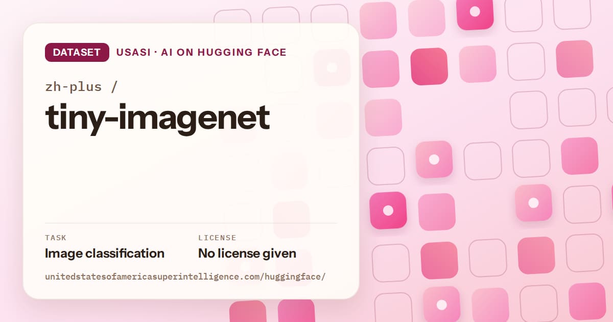 Generated rose rounded-tile grid artwork for the dataset zh-plus/tiny-imagenet, labeled USASI · AI on Hugging Face, with Task: Image classification · License: No license given.