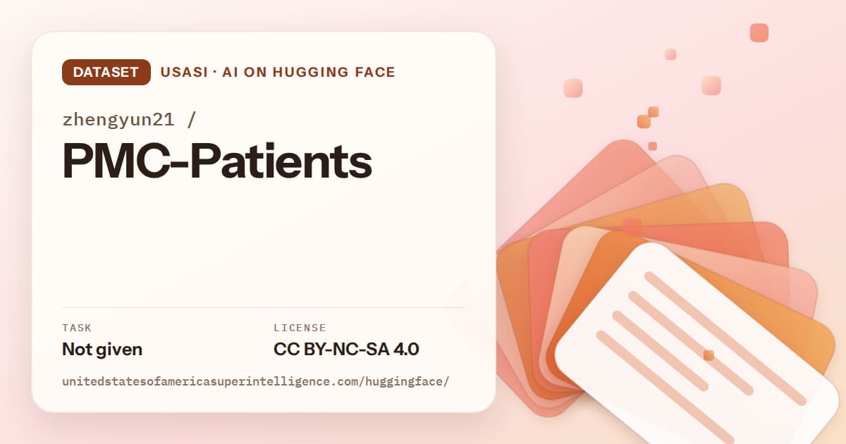 Generated tangerine layered-card artwork for the dataset zhengyun21/PMC-Patients, labeled USASI · AI on Hugging Face, with Task: Not given · License: CC BY-NC-SA 4.0.