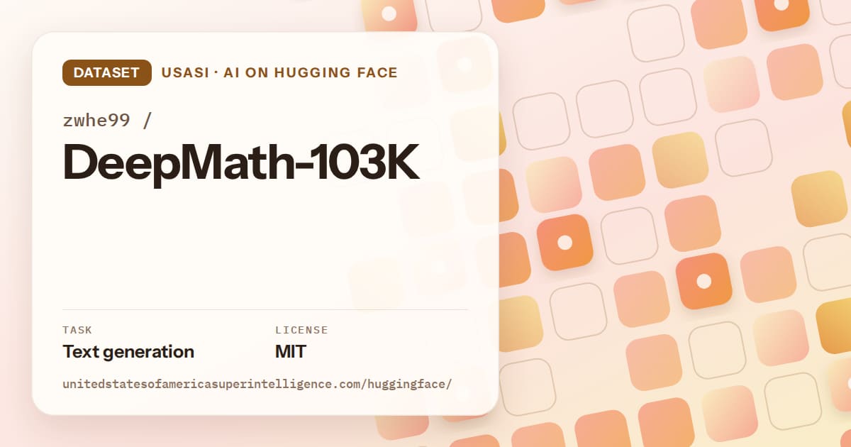 Generated orange rounded-tile grid artwork for the dataset zwhe99/DeepMath-103K, labeled USASI · AI on Hugging Face, with Task: Text generation · License: MIT.