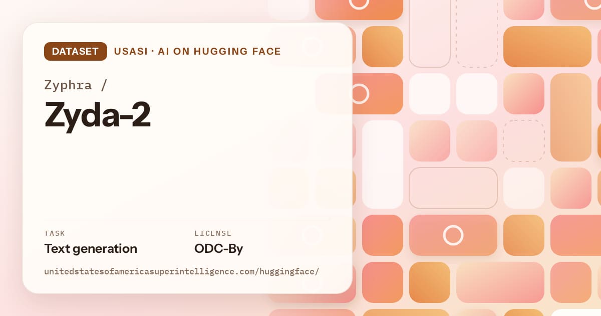 Generated orange tile-mosaic artwork for the dataset Zyphra/Zyda-2, labeled USASI · AI on Hugging Face, with Task: Text generation · License: ODC-By.